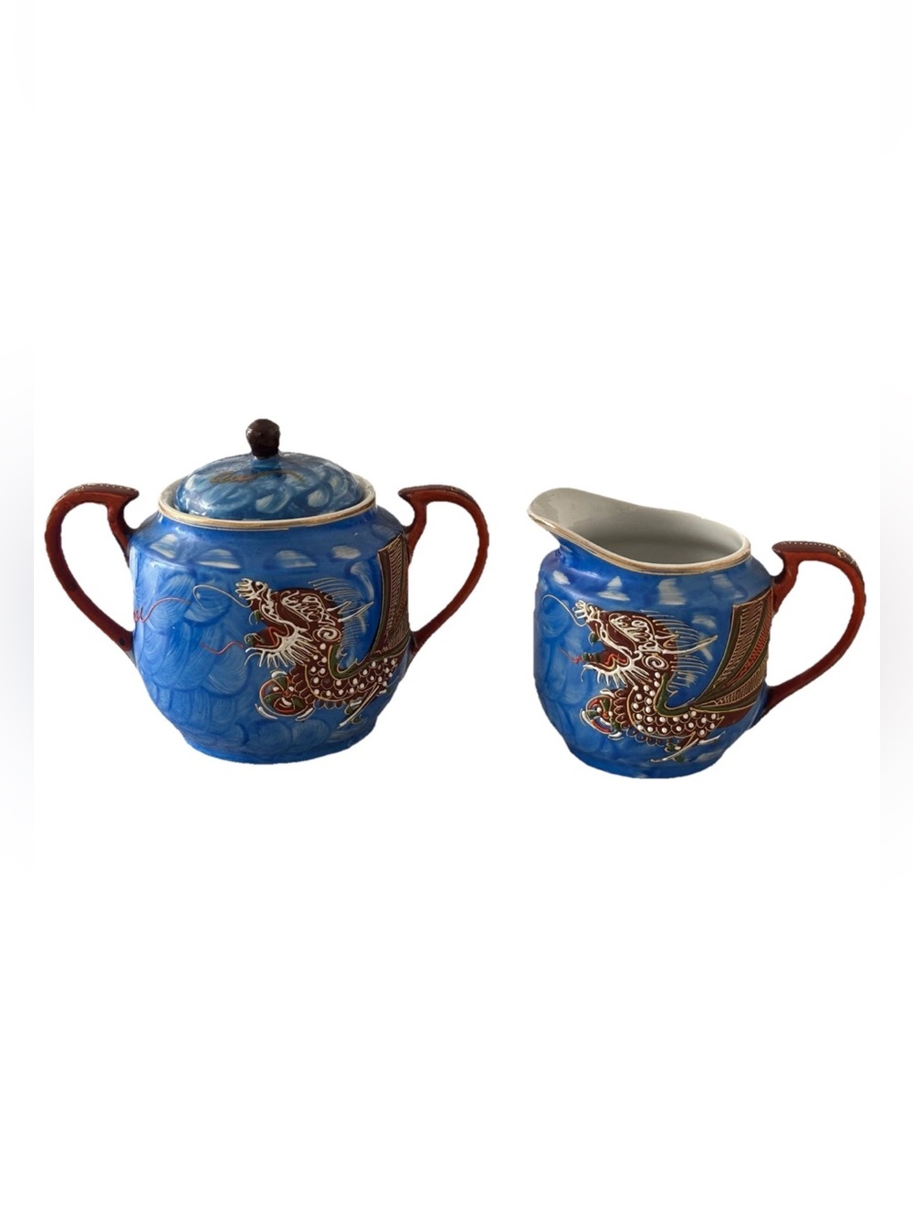 Vintage Japanese Dragonware Sugar Bowl With Lid & Creamer Set Blue Moriage